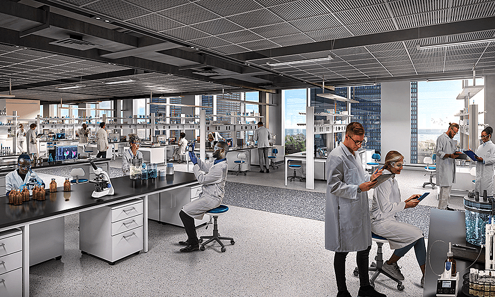 A rendering of proposed laboratory space inside the 13-story building Hyde Park Labs. The University of Chicago will lease one-and-a-half floors of the space to house researchers from the Pritzker School of Molecular Engineering and a new startup incubator to support companies that need wet laboratory space. (Courtesy of Trammell Crow Company and Beacon Capital Partners)