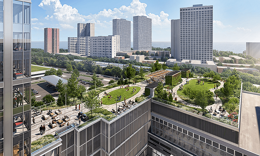 A birds-eye view rendering of the outdoor amenity space. (Courtesy of Trammell Crow Company and Beacon Capital Partners)